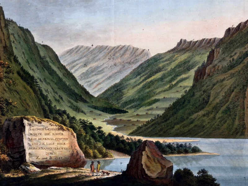 1758-Johann Heinrich Bleuler - Vista del monumento in memoria di Salomon Gessner sul lago See-Rüti-Alp a Clonthal, Canton Glarona